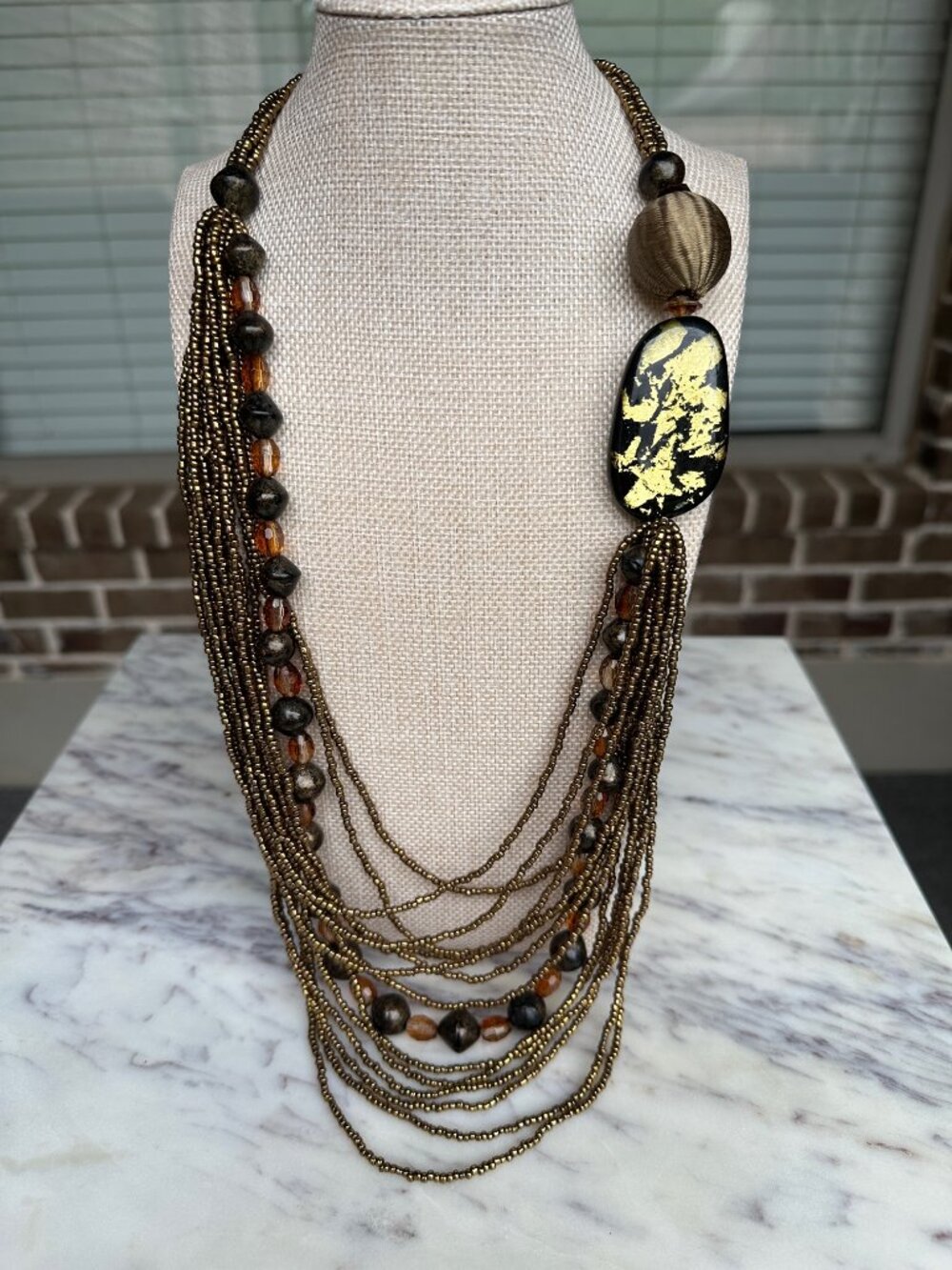 Chunky Asymmetric Beaded Necklace Brown Amber Bronze Multi Strand Long Flowy